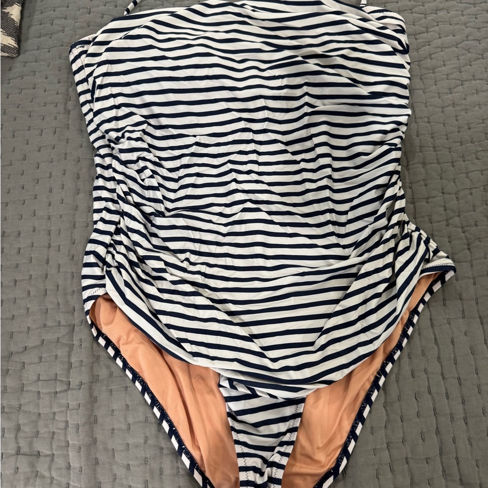 J. Crew Navy & White Striped One-Piece with Peach Lining
